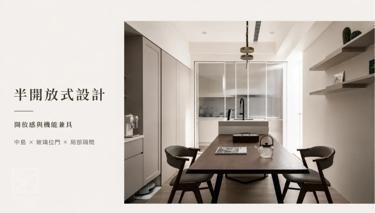 半開放式客餐廳設計案例，透過中島與玻璃拉門兼顧空間感與機能。