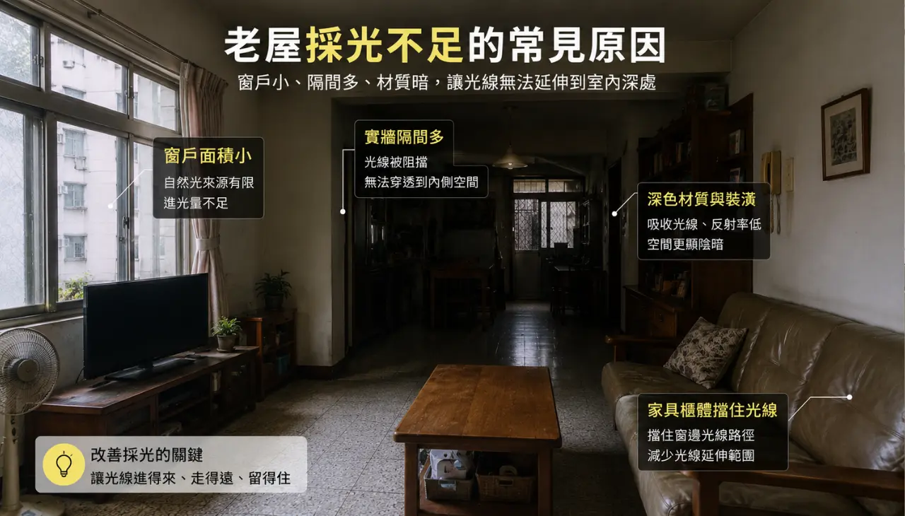 老屋採光不足的常見原因，包含窗戶面積小、實牆隔間、深色材質與家具櫃體遮擋光線